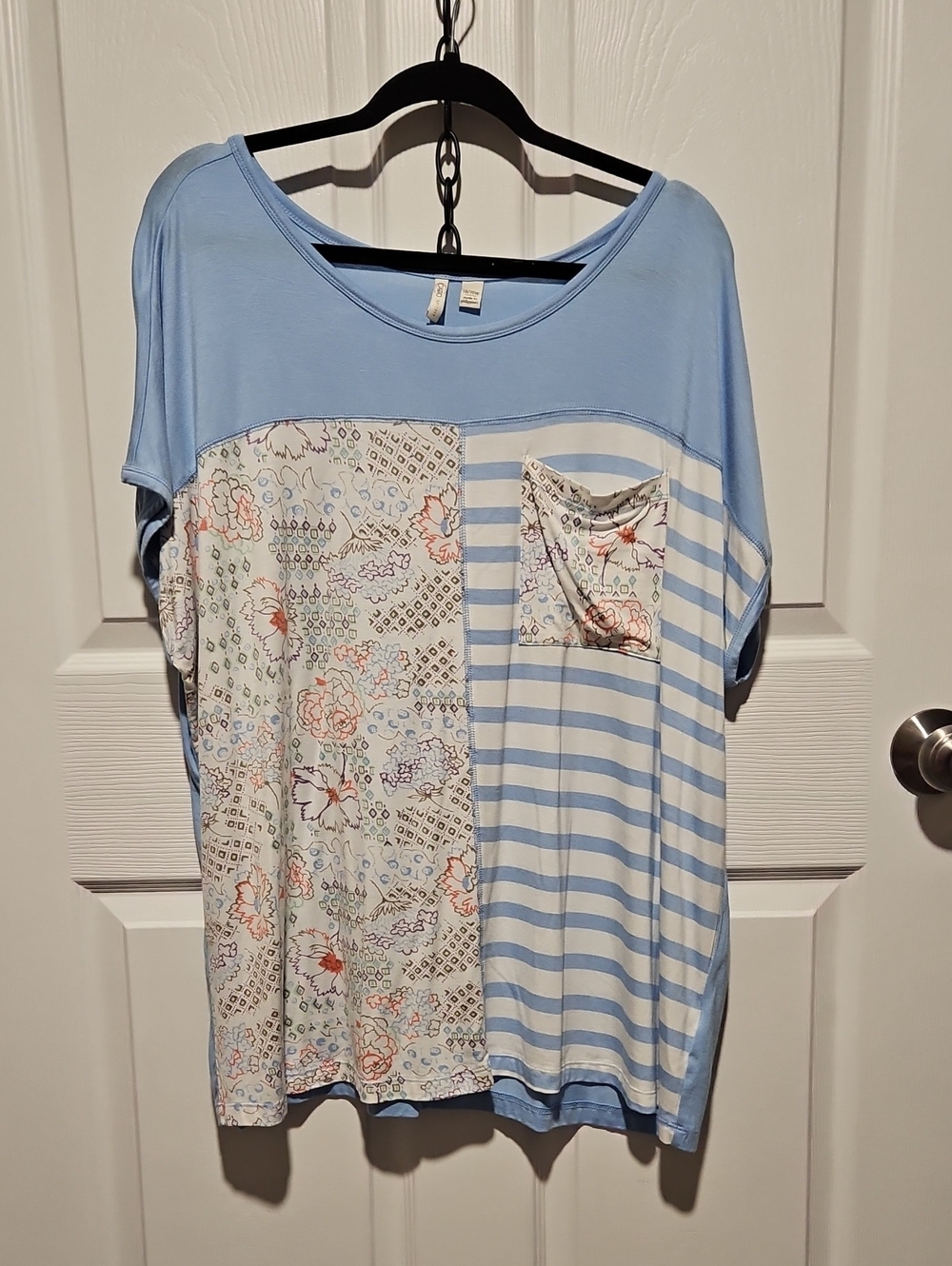 Cato Light Blue Striped & Floral Short Sleeve Top with Pocket
